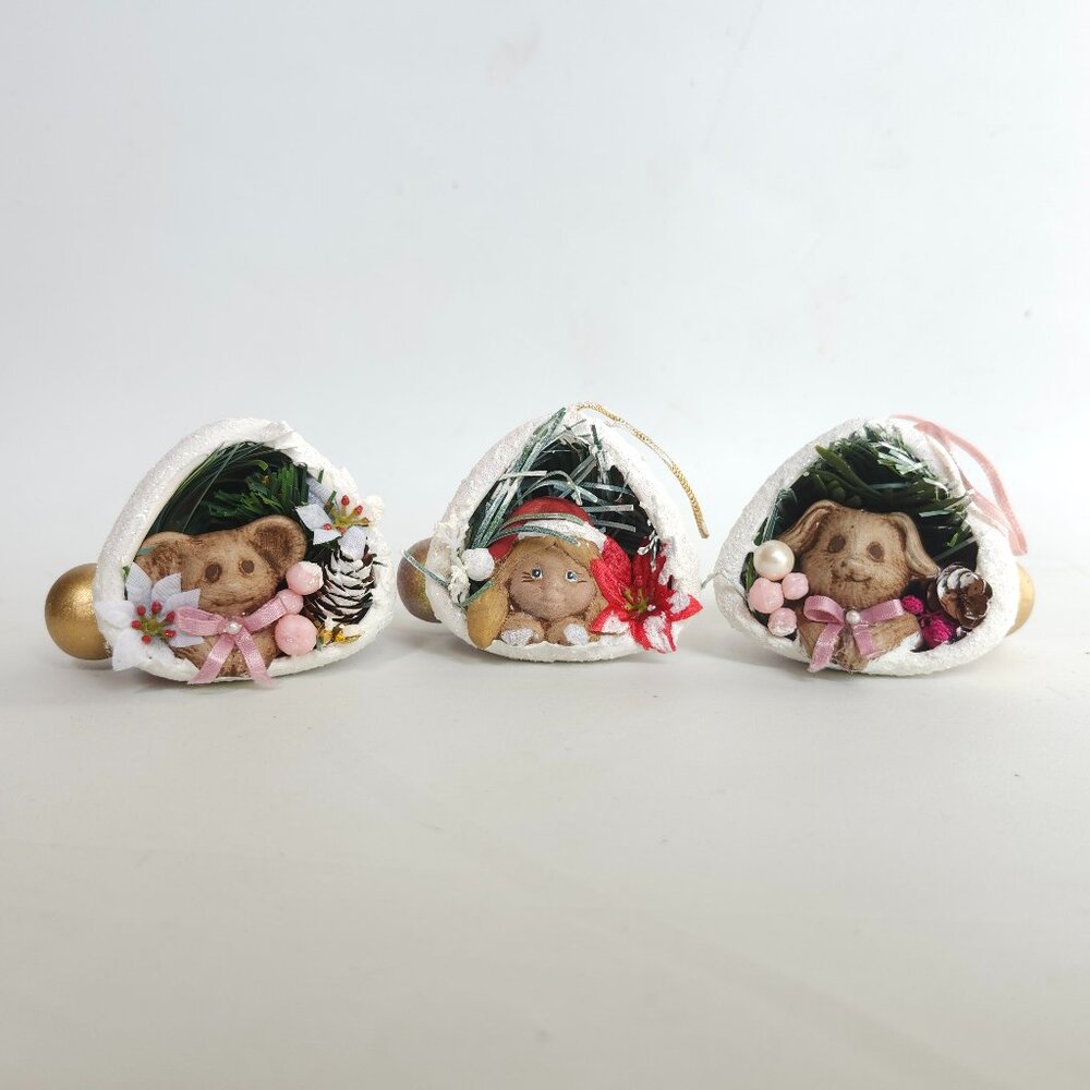 ADORABLE Gourd Doll Style Ornaments Lot of 3 Pink Santa Hat Ceramic